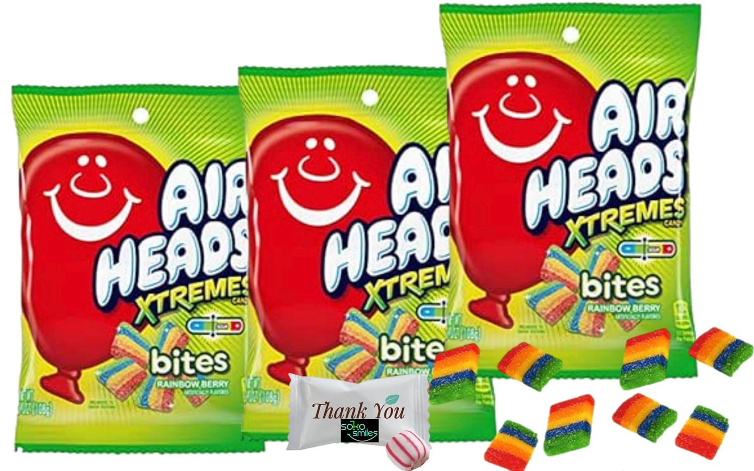 Airheads Candy Xtremes Bites Sweetly Sour, Rainbow Berry, Non Melting, Great for Holiday, Party, Concessions (3.8 oz) 3 bags Bundled with a Soko Smiles Thank you Mint.