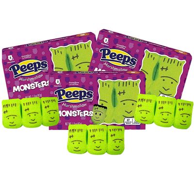 Needzo Peeps Marshmallow Candy Halloween Fun Shaped Peep Marshmallows, Green Frankenstein Monster Candies, 3 Count (Pack of 3)