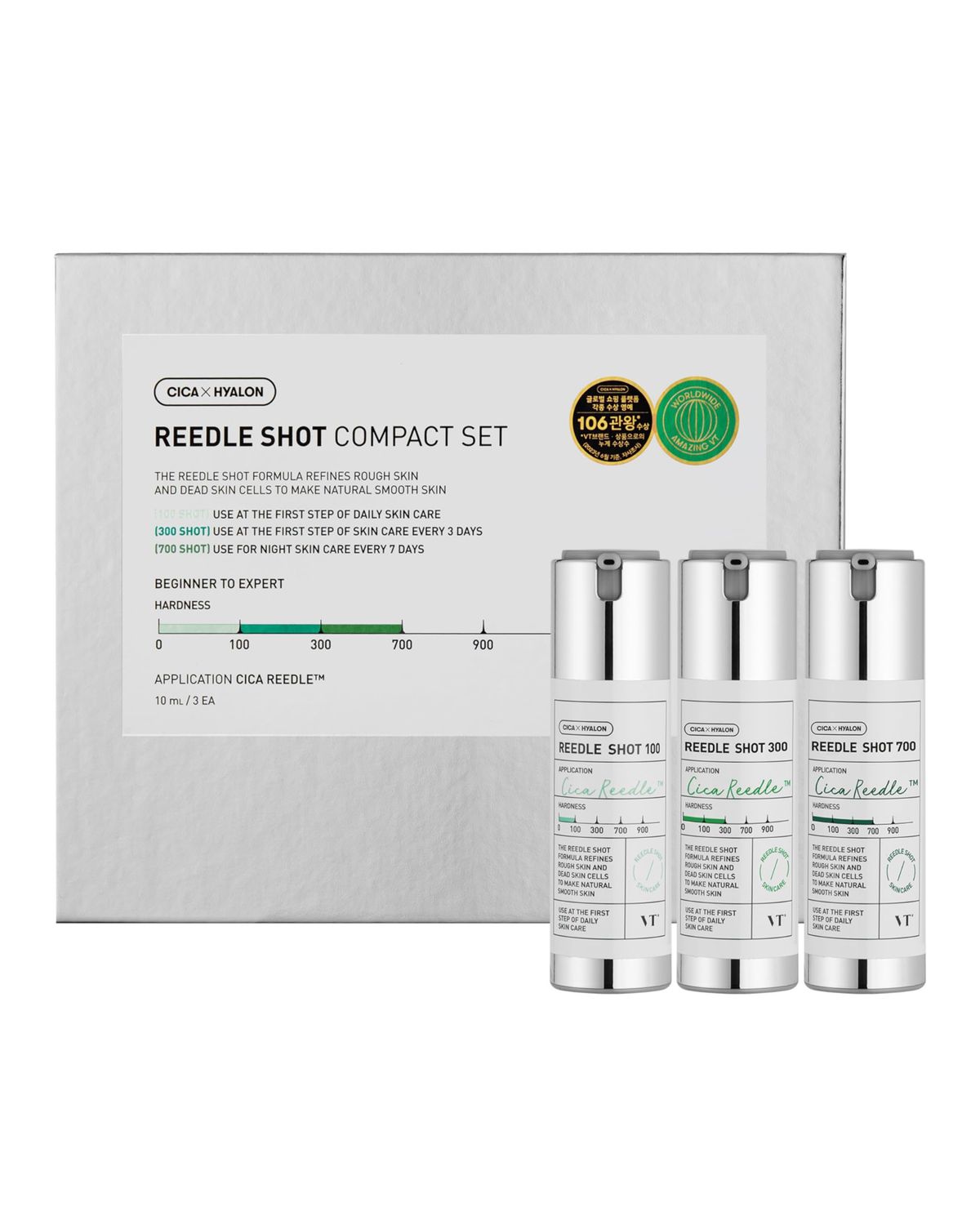 VT COSMETICS Reedle Shot Compact Set, Microneedling Serum Gift Set with Reedle Shot 100, 300, 700, Exfoliating, Anti-Aging, Travel Size Skincare for Women (0.34 oz / 10ml Each)
