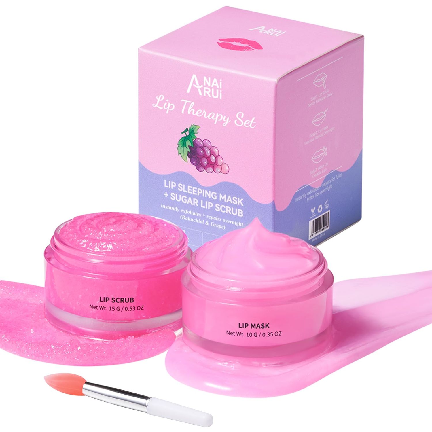 ANAI RUI Lip Therapy Set - Scrub &amp; Mask, Overnight Hydrating Moisturizer With Exfoliator and Sleeping Mask for Plumping - Gift Kit for Dry, Chapped, Dark Lips, Grape