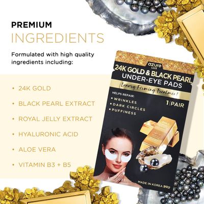 AZURE 24K Gold &amp; Black Pearl Luxury Firming Under Eye Pads - Moisturizing &amp; Restoring Eye Mask Patches - Reduces Fine Lines, Wrinkles, Dark Circles &amp; Puffiness - Skin Care Made in Korea - 10 Pairs