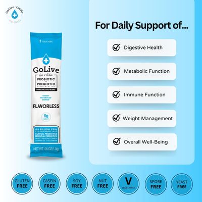 GoLive Prebiotic & Probiotic for Women, Men, Kids. Flavor-Free, Sugar-Free, Synbiotic Powder w/ GOS, L-Glutamine, Vitamin D3, Electrolytes. For Gut Health, Digestion, Metabolism, Immunity 15-50B CFUs.