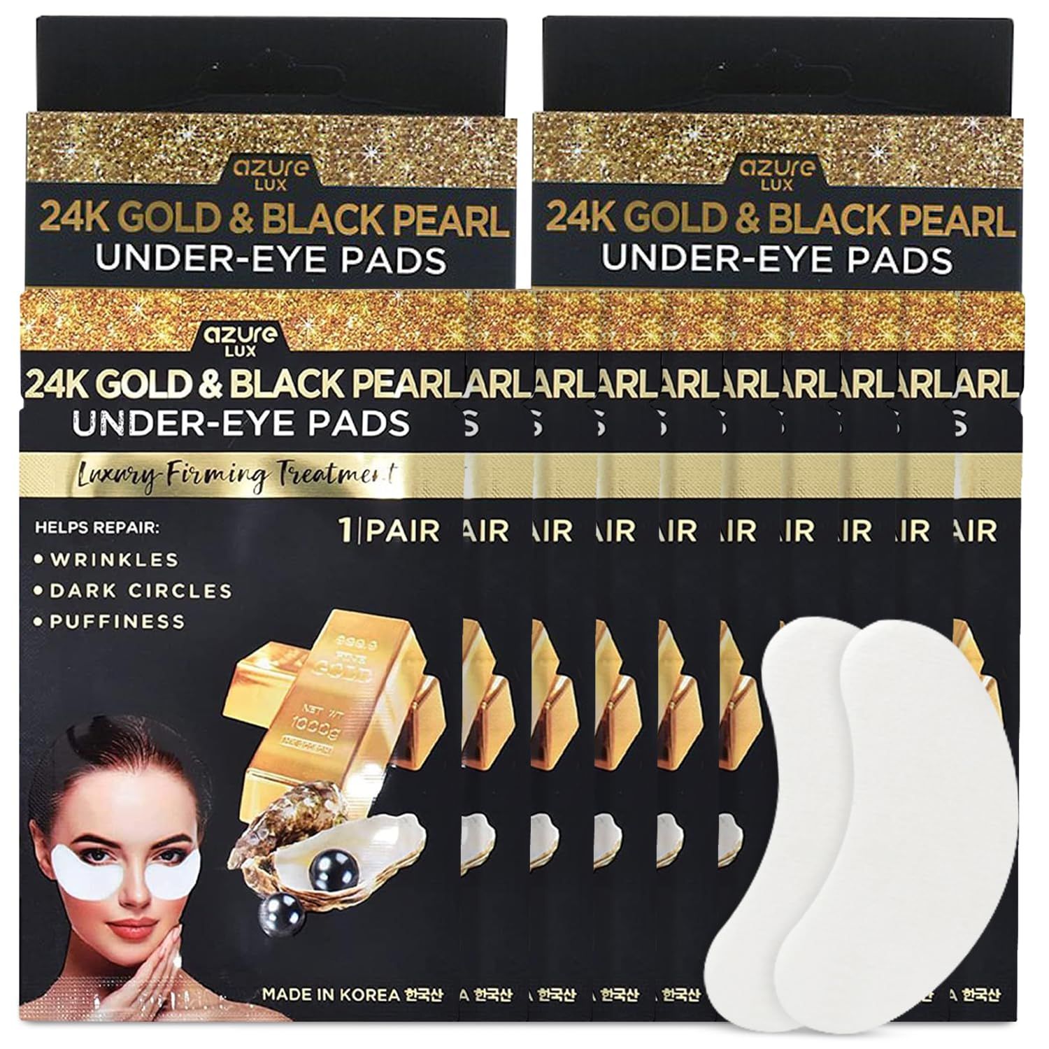 AZURE 24K Gold &amp; Black Pearl Luxury Firming Under Eye Pads - Moisturizing &amp; Restoring Eye Mask Patches - Reduces Fine Lines, Wrinkles, Dark Circles &amp; Puffiness - Skin Care Made in Korea - 10 Pairs