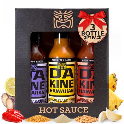 Da Kine Hawaiian Hot Sauce Sampler - Hot Soy, Mustard &amp; Classic - Made with Pineapple Juice for Meat Tenderizing, Ideal for Marinades and Dipping - Set of 3