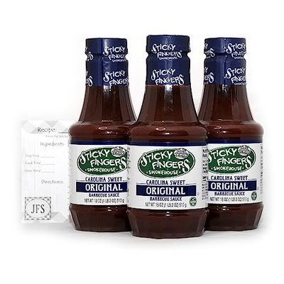 Sticky Fingers Carolina Sweet BBQ Sauce, 18 Oz, 3 Pack Bundled with a JFS Recipe Card