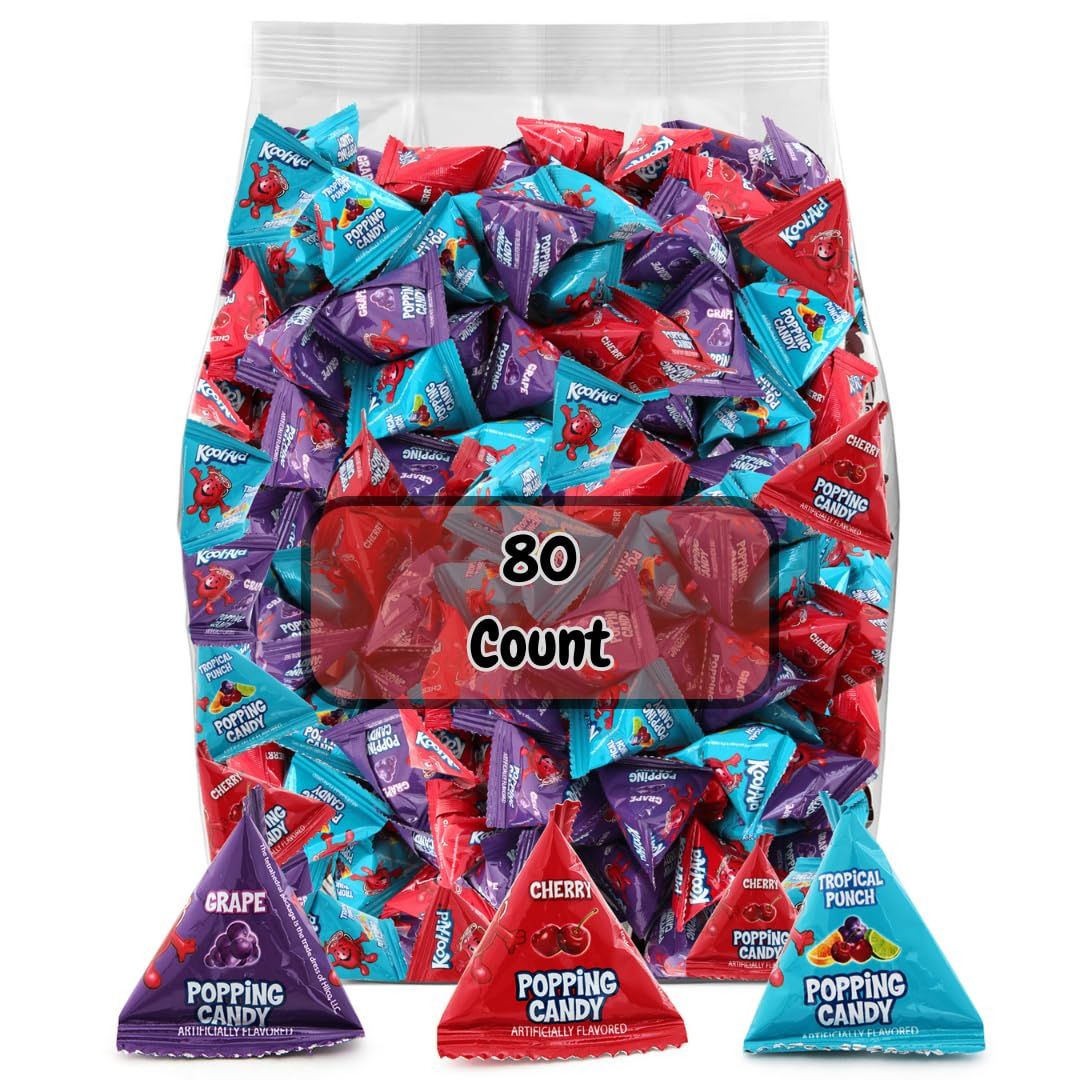 Popping Candy, 3 Fruity Flavors (Tropical Punch, Cherry, Grape), 80-Count Bag, Individually Wrapped - Perfect for Trick-or-Treating, Parties, Nostalgic Candy Lovers (Packaging May vary)
