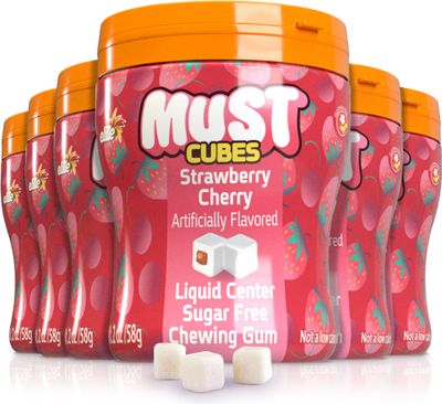 Elite Must Strawberry Cherry Sugar Free Cube Gum, 2oz (6 Pack) Gum Cubes with Liquid Filled Center