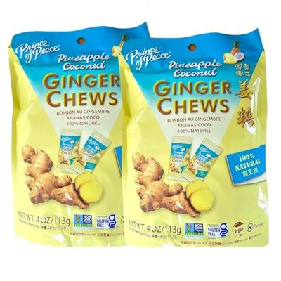 Ginger Chews Pineapple Coconut (4 oz each, Pack of 2) Candied Ginger, All Natural, Gluten Free, Vegan