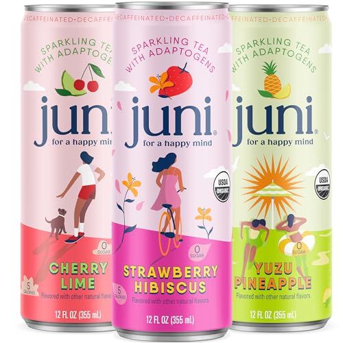 Juni Sparkling Adaptogen Drink with Ashwagandha, Lions Mane &amp; Reishi Mushrooms Green Tea for Focus, Zero Sugar, 5 Calories Decaffeinated, Non Alcoholic Drinks - Variety Pack (12 Pack)