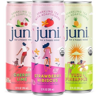 Juni Sparkling Adaptogen Drink with Ashwagandha, Lions Mane &amp; Reishi Mushrooms Green Tea for Focus, Zero Sugar, 5 Calories Decaffeinated, Non Alcoholic Drinks - Variety Pack (12 Pack)