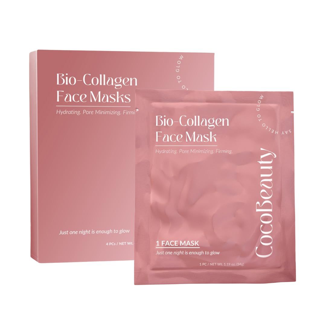 COCOBEAUTY Bio Collagen Face Mask - Hydrating &amp; Anti-Aging Korean Collagen Sheet Masks, Deep Hydration, Smooths Fine Lines, Overnight Face Mask for Radiant Skin (4 pcs)