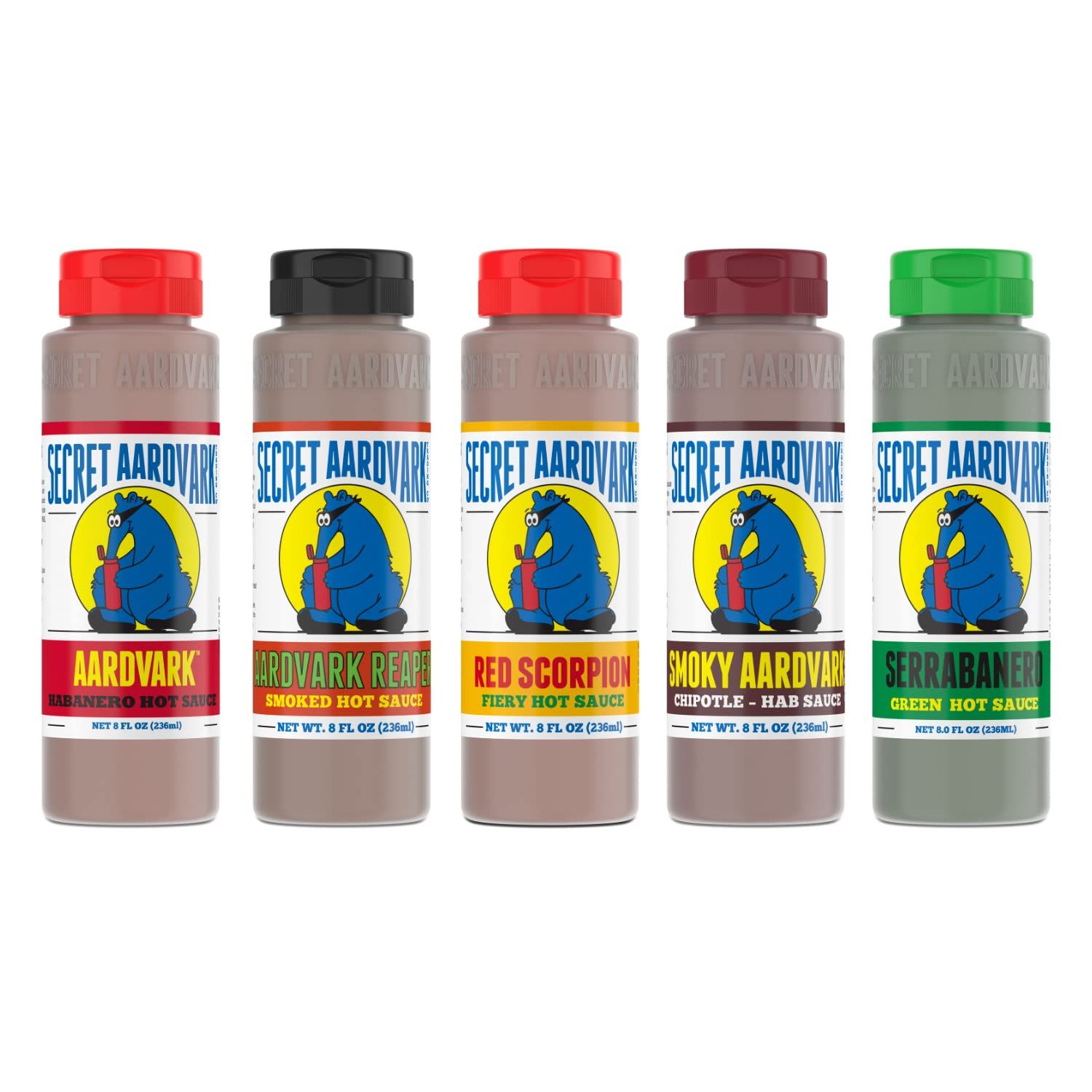 Secret Aardvark Hot Sauce Variety Pack - Smokey Chipotle, Reaper, Red Scorpion, Serrabanero, &amp; Habanero Hot Sauce, Low Carb, Hot Sauce &amp; Marinade Gift Set - 8 fl oz 5 Pack