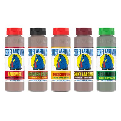 Secret Aardvark Hot Sauce Variety Pack - Smokey Chipotle, Reaper, Red Scorpion, Serrabanero, &amp; Habanero Hot Sauce, Low Carb, Hot Sauce &amp; Marinade Gift Set - 8 fl oz 5 Pack