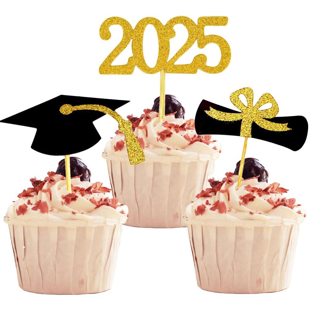 YuBoBo 2025 Graduation Cupcake Toppers, 48 PCS Food/Appetizer Picks For Graduation Party Mini Cake Decorations, Diploma, 2025, Grad Cap Set 48 Pieces (01 Gold)