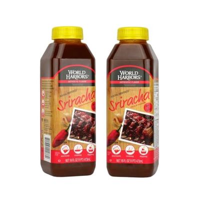 World Harbors Sriracha Hot Sauce &amp; Marinade Perfect for Grilled Meats, Seafood, Dipping, Marinades &amp; Garnishes - Enhance Your Meals with Sriracha Sauce Original Made in USA 16-Fl Oz Bottle (Pack of 2)