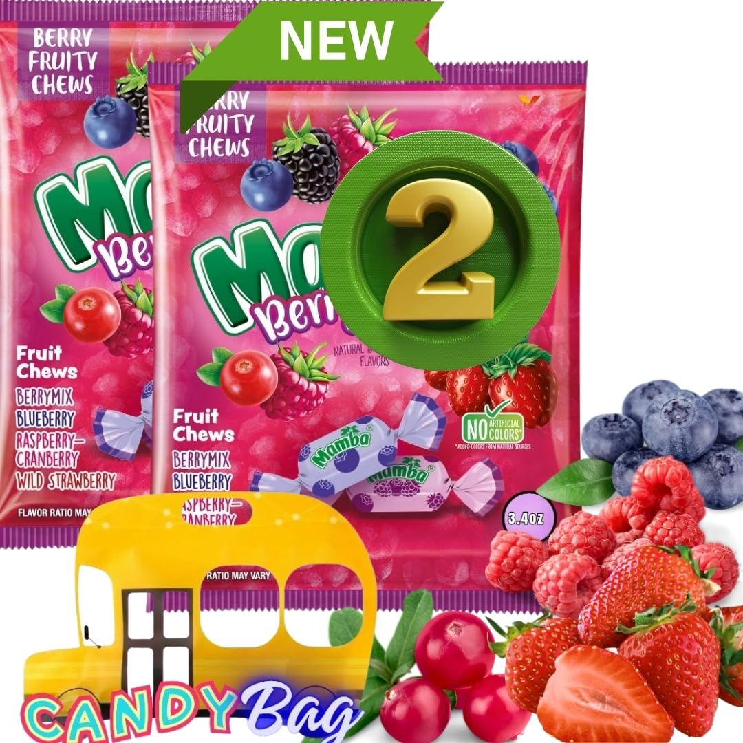 (PACK OF 2) MamBerry Tasty Fruit - New Edition - Berry Mix Assorted Flavors Soft Chewy Candy - 3.4oz Each - Comes With One Bus Resealable ZipBag (Berries)