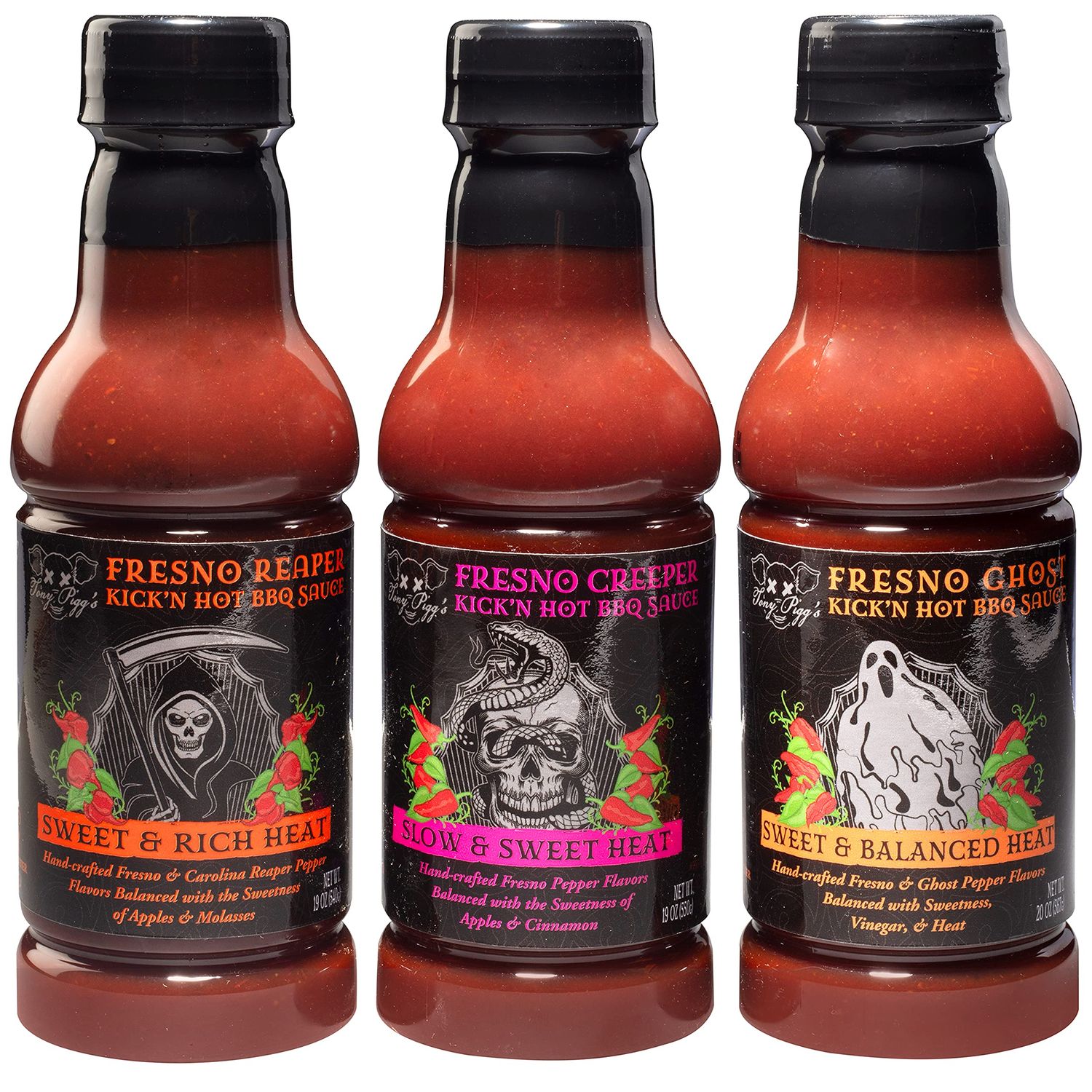 Tony Pigg&#39;s Kick&#39;n Hot BBQ Sauce Variety Pack (3 pk, 19oz ea- Fresno Reaper, Ghost, Creeper)- Hand Crafted Barbecue Sauce w Fresh Pepper Heat -Great for Tailgating Ribs &amp; Wings- Grilling Gift for Men