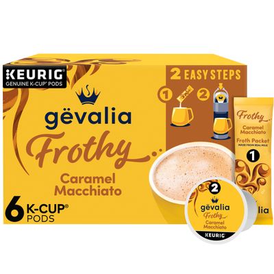 Gevalia Frothy 2-Step Artificially Flavored Caramel Macchiato Espresso Style K-Cup Coffee Pods &amp; Froth Packets Kit, 6 ct Box