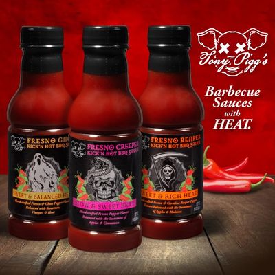 Tony Pigg's Kick'n Hot BBQ Sauce Variety Pack (3 pk, 19oz ea- Fresno Reaper, Ghost, Creeper)- Hand Crafted Barbecue Sauce w Fresh Pepper Heat -Great for Tailgating Ribs & Wings- Grilling Gift for Men