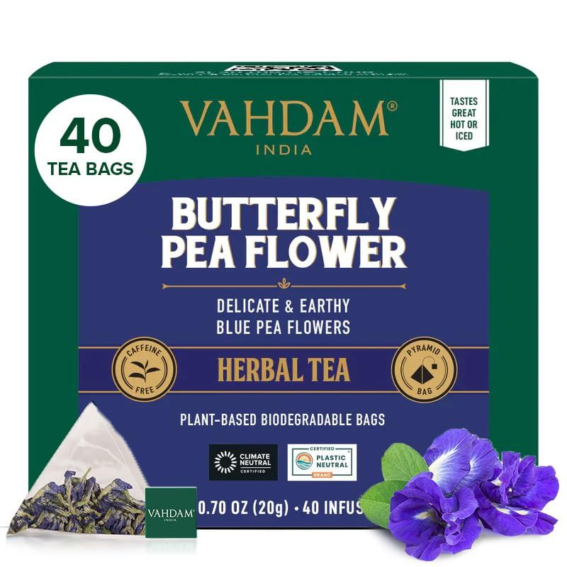 VAHDAM, Butterfly Pea Flower Tea Bags (40 Pyramid Tea Bags) Vegan, Non-GMO Delicate &amp; Earthy Direct From Source - Plant Based Biodegradable Tea Bags Brew Iced Tea, Cooking, Mocktails &amp; Cocktails