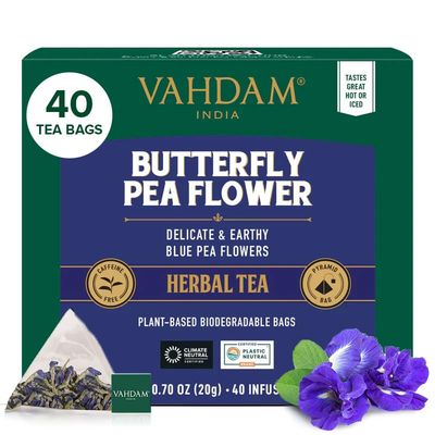 VAHDAM, Butterfly Pea Flower Tea Bags (40 Pyramid Tea Bags) Vegan, Non-GMO Delicate &amp; Earthy Direct From Source - Plant Based Biodegradable Tea Bags Brew Iced Tea, Cooking, Mocktails &amp; Cocktails