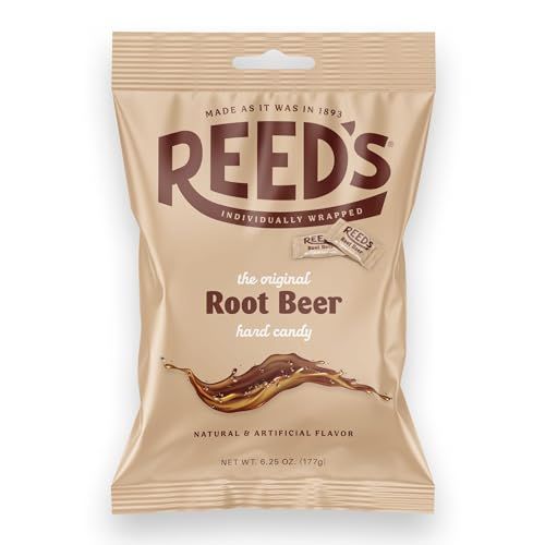 Reeds Individually Wrapped Root Beer Candy Traditional Root Beer Hard Candy Creamy Root Beer Flavored Old-Fashioned Reeds Candy Brought To You By Iconic Candy 6.25oz Peg Bag (1)