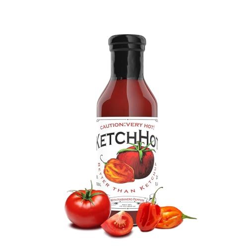 KetchHot Habanero Ketchup - Spicy Ketchup with Heat - Small-Batch, All-Natural Tomato Ketchup - Nothing Artificial, No Corn Syrup - Vegan Hot Sauce Better than Plain Ketchup - 15 oz Large Glass Bottle