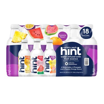 Hint Bottled Water, 3-Flavor Mega Variety Pack - Purified Water Beverages with Zero Calories, Natural Flavors, and Sugar Free - 16 Fl Oz (Pack of 18)