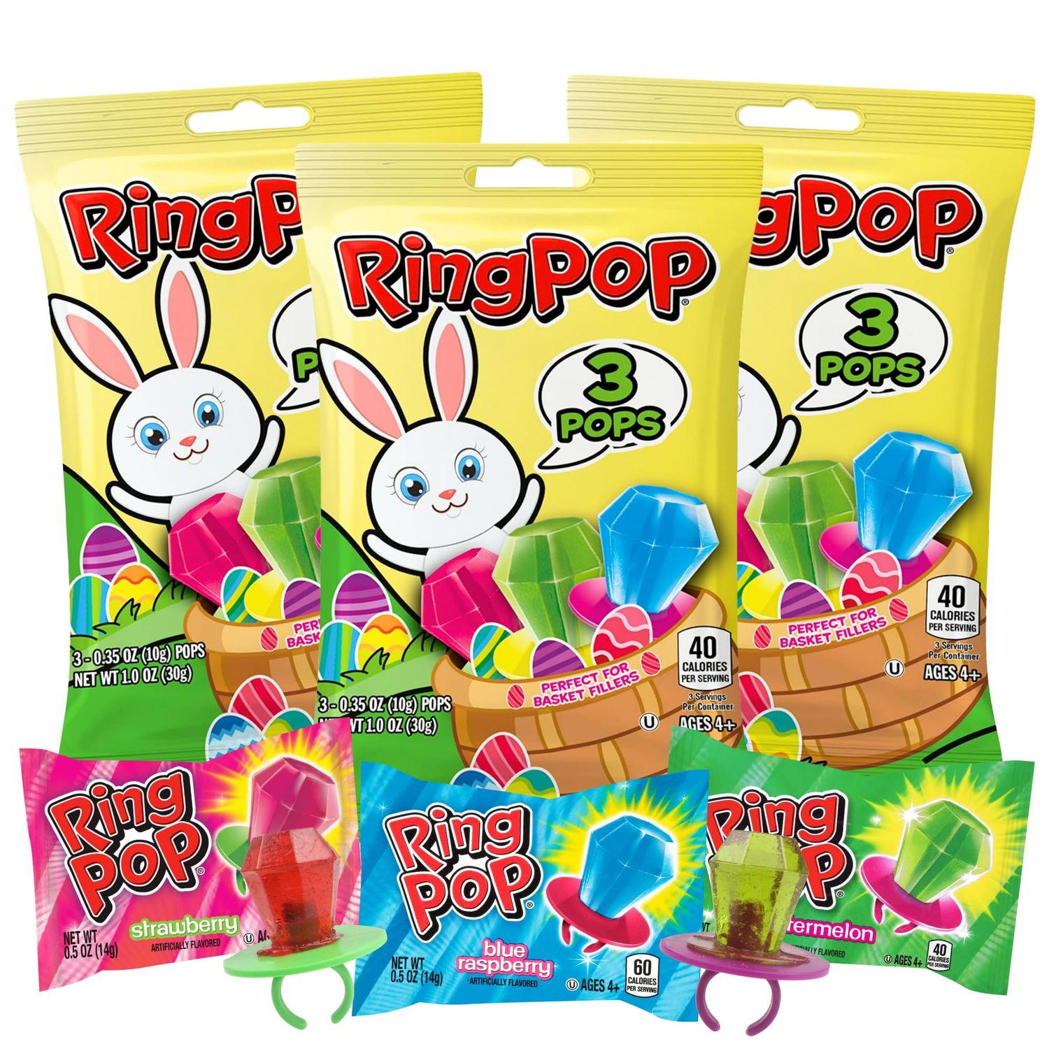 Easter Ring Pops, Watermelon, Strawberry and Blue Raspberry Flavored, Basket Stuffer Candies, 3 in Each (Pack of 3)