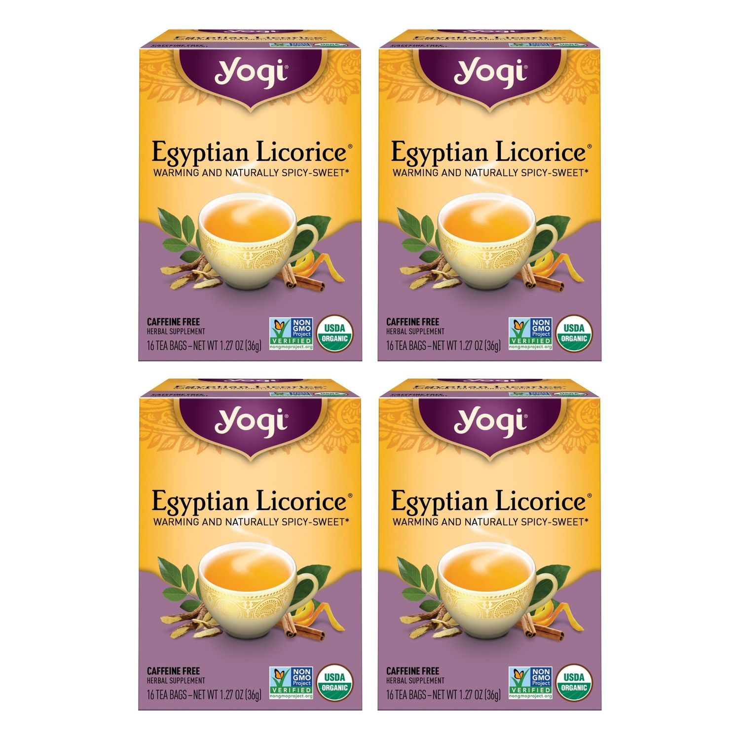 Yogi Tea Egyptian Licorice Tea - 16 Tea Bags per Pack (4 Packs) - Organic Licorice Tea Bags - Includes Licorice Root, Cinnamon Bark, Orange Peel, Ginger Root, Cardamom Pod &amp; More