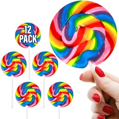12 Large Swirl Lollipops, Rainbow, 3-Inch Suckers, Great Party Favors