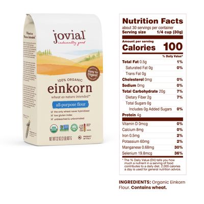 Jovial Organic Einkorn Unbleached All Purpose Flour - Bread Baking Flour for Sourdough, High Protein, Non-GMO, Organic Pizza &amp; Pasta, European Italian, Glyphosate Free - 32 Oz