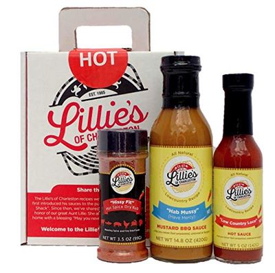 Lillie&#39;s of Charleston 3 ct. Hot Variety Gift Box Low Country Loco Hot Sauce, Hab Mussy Mustard BBQ Sauce, Hissy Fit All Purpose Seasoning Blend 7&quot; x 8.25&quot; x 3.5&quot; Gift box with handle