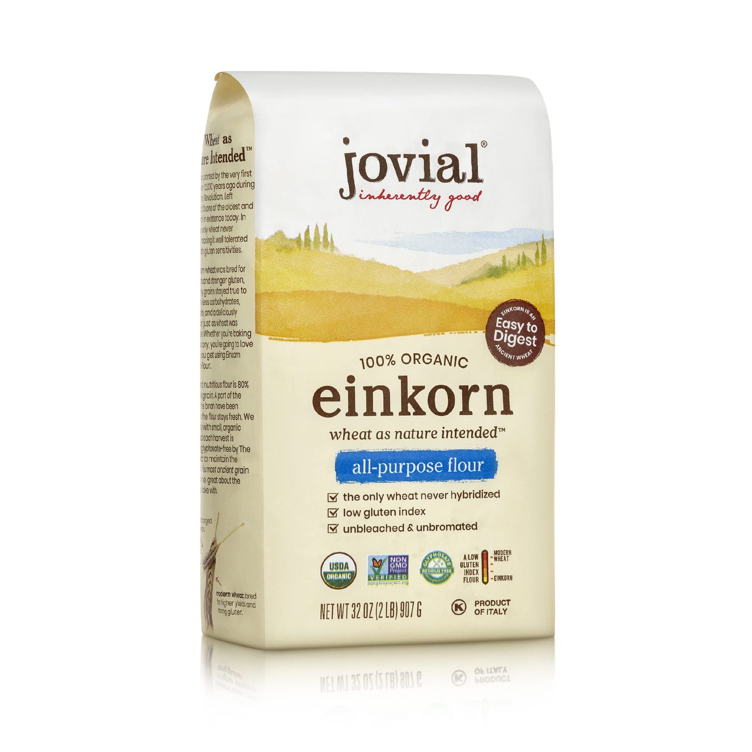 Jovial Organic Einkorn Unbleached All Purpose Flour - Bread Baking Flour for Sourdough, High Protein, Non-GMO, Organic Pizza &amp; Pasta, European Italian, Glyphosate Free - 32 Oz