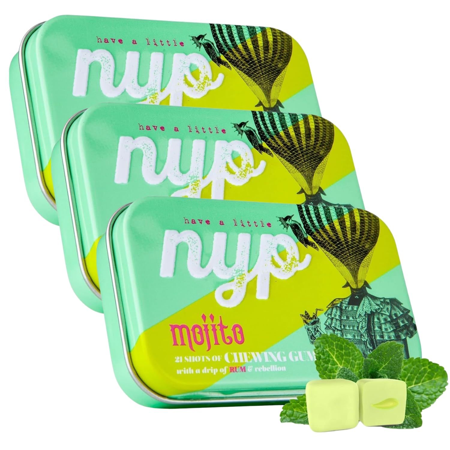NYP Sugar Free Mojito Lime Chewing Gum, Aspartame Free &amp; Alcohol Free Cocktail Filled Rum Gum Tin, Vegan, 63 Pieces (3 Tins)