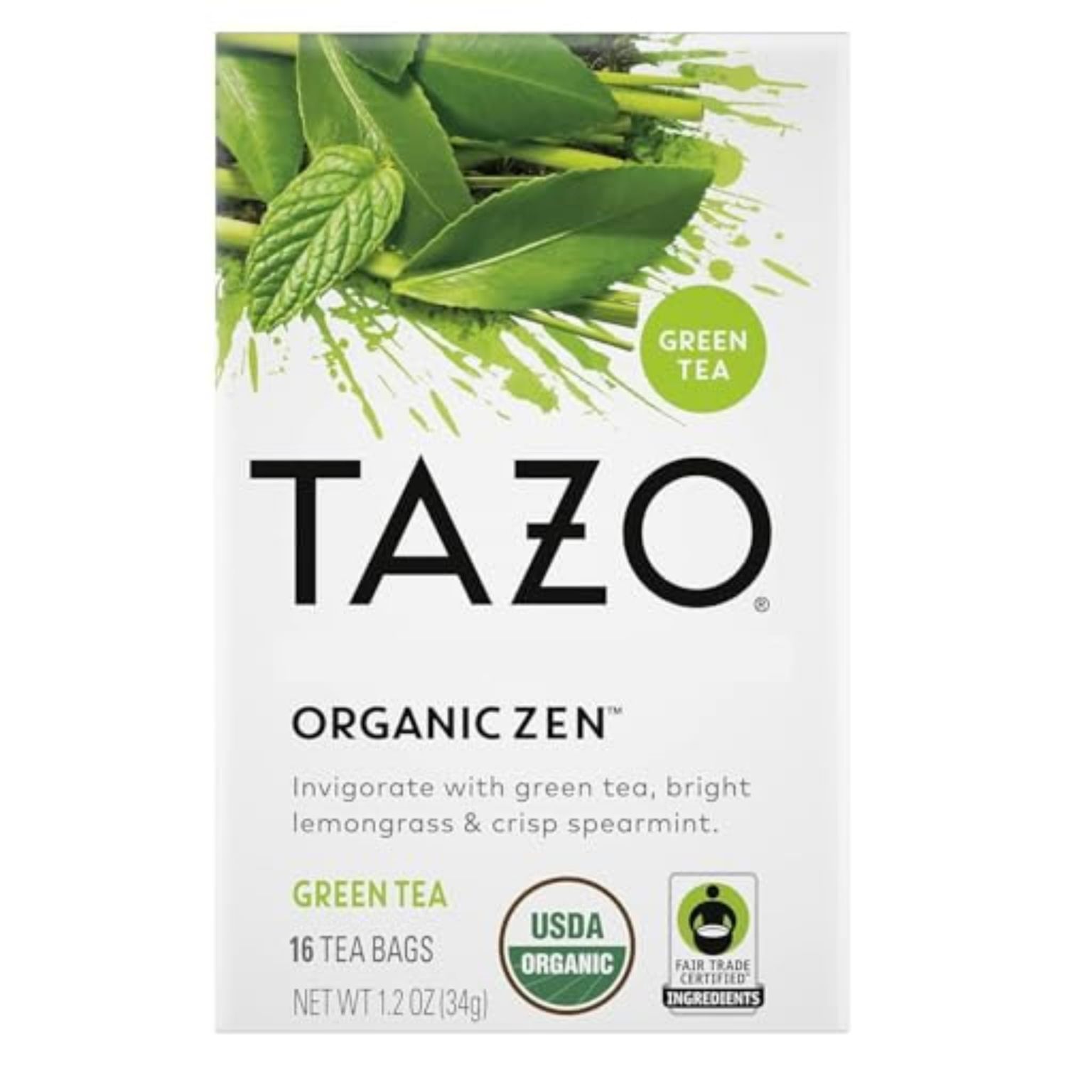 TAZO Organic Zen Green Tea, Caffeinated Tea with Refreshing Lemongrass &amp; Spearmint, 16 Total Bags