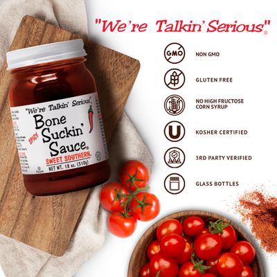 Bone Suckin' Sauce Sweet Southern Spicy BBQ Sauce, Gluten-Free, Non-GMO, Kosher, Perfect For Ribs, Chicken, Beef, Spicy Barbecue Sauce Sweetened with Cane Sugar &amp; Molasses