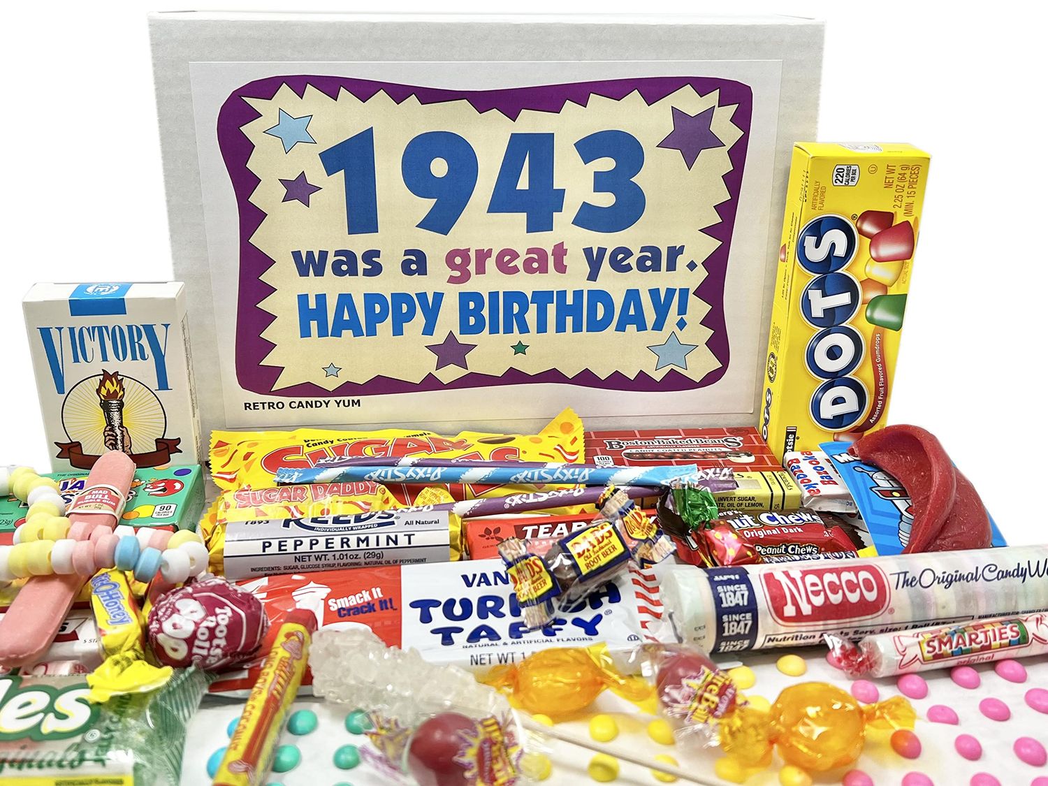 RETRO CANDY YUM 1943 82nd Birthday Gift Box Nostalgic Candy Mix from Childhood for 82 Year Old Man or Woman Born 1943 Jr
