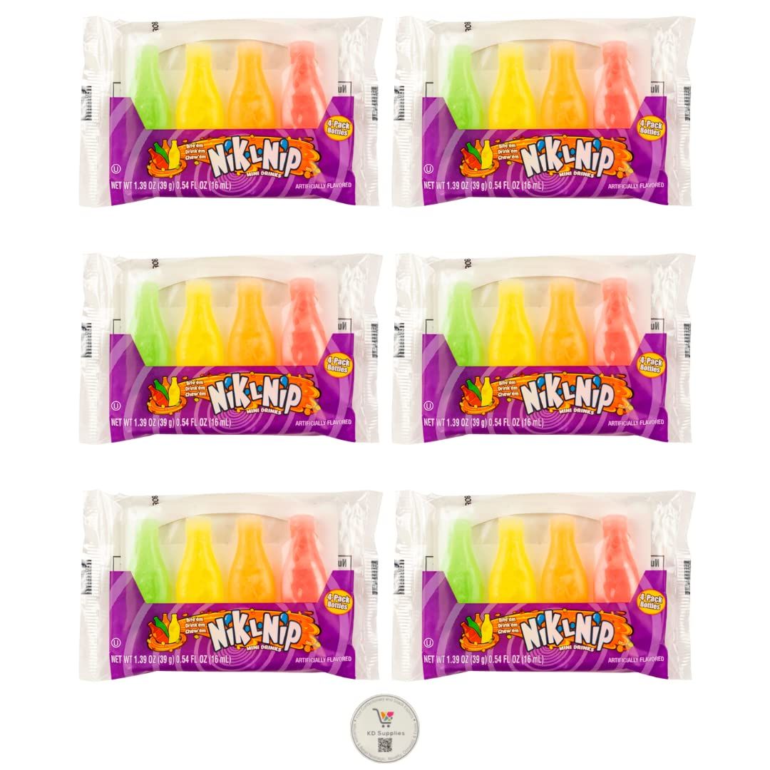 Nik L Nip Nik-L-Nip Wax Bottles Mini Drinks Candy (6) packs of 4 bottles each 1.39 Oz-Total of 24 Bottles