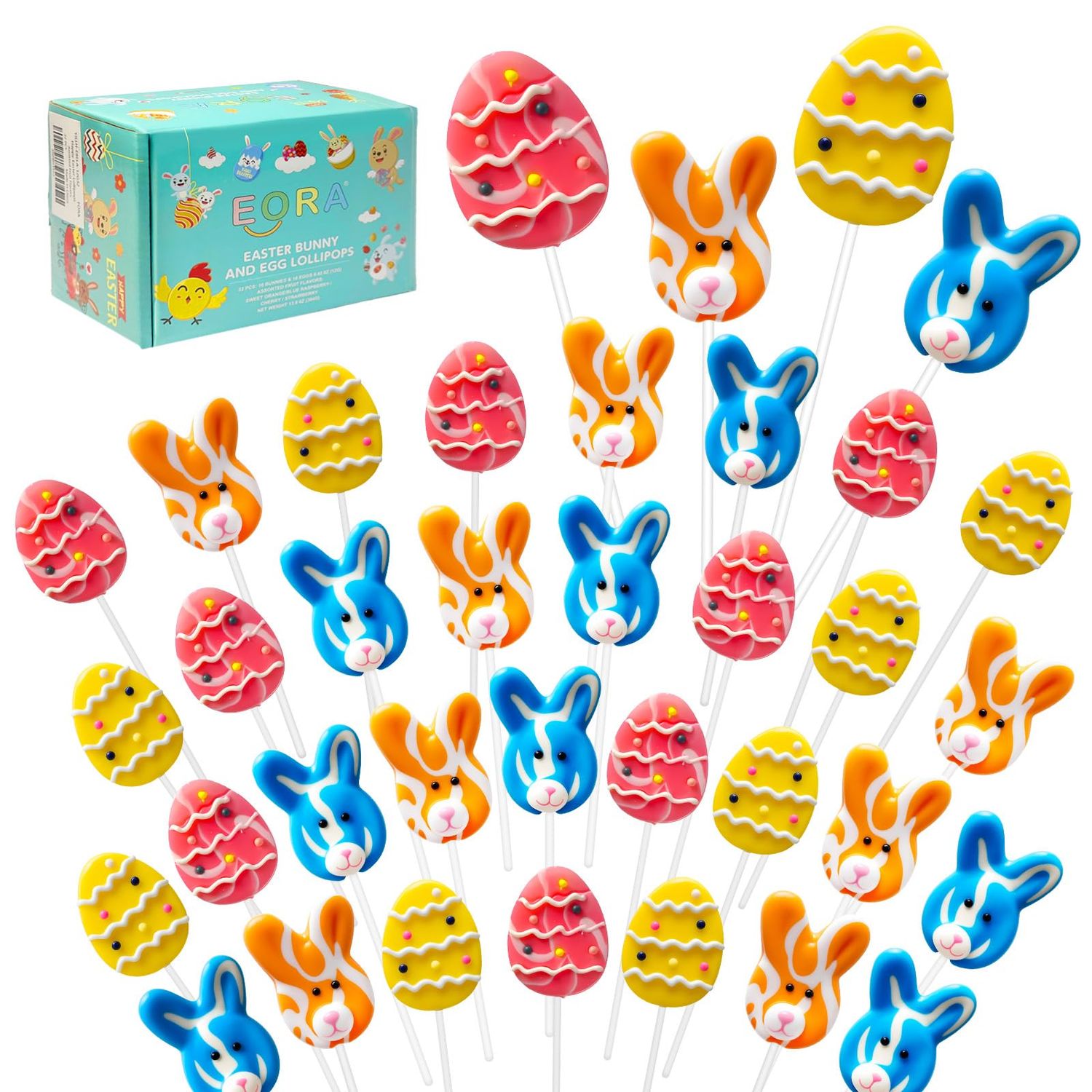 32 Pack Happy Easter Candy Suckers Lollipops, Cute Bunny &amp; Egg Hard Lollipops Candy, Assorted Fruit Flavored Lollipop Suckers, Individually Wrapped Bulk for Easter Hunting and Party Favors