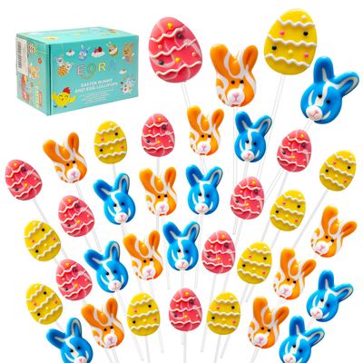 32 Pack Happy Easter Candy Suckers Lollipops, Cute Bunny &amp; Egg Hard Lollipops Candy, Assorted Fruit Flavored Lollipop Suckers, Individually Wrapped Bulk for Easter Hunting and Party Favors