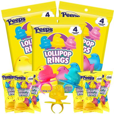 2025 Easter Peep Lollipop Rings, Multicolored Chick Shaped Suckers, Individually Wrapped Candy for Eggs and Basket Stuffers, (Pack of 3)