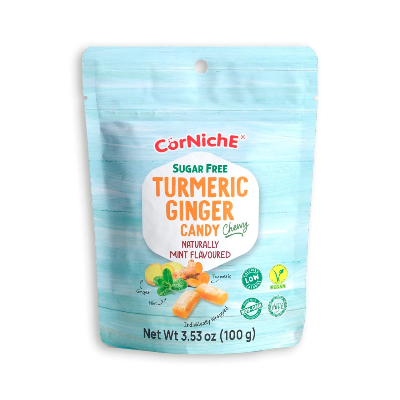 CORNICHE Turmeric Ginger Candy, Anti-Nausea and Digestion Aid, Individually Wrapped Healthy Candy 3.53 Oz Bag (Mint), Small