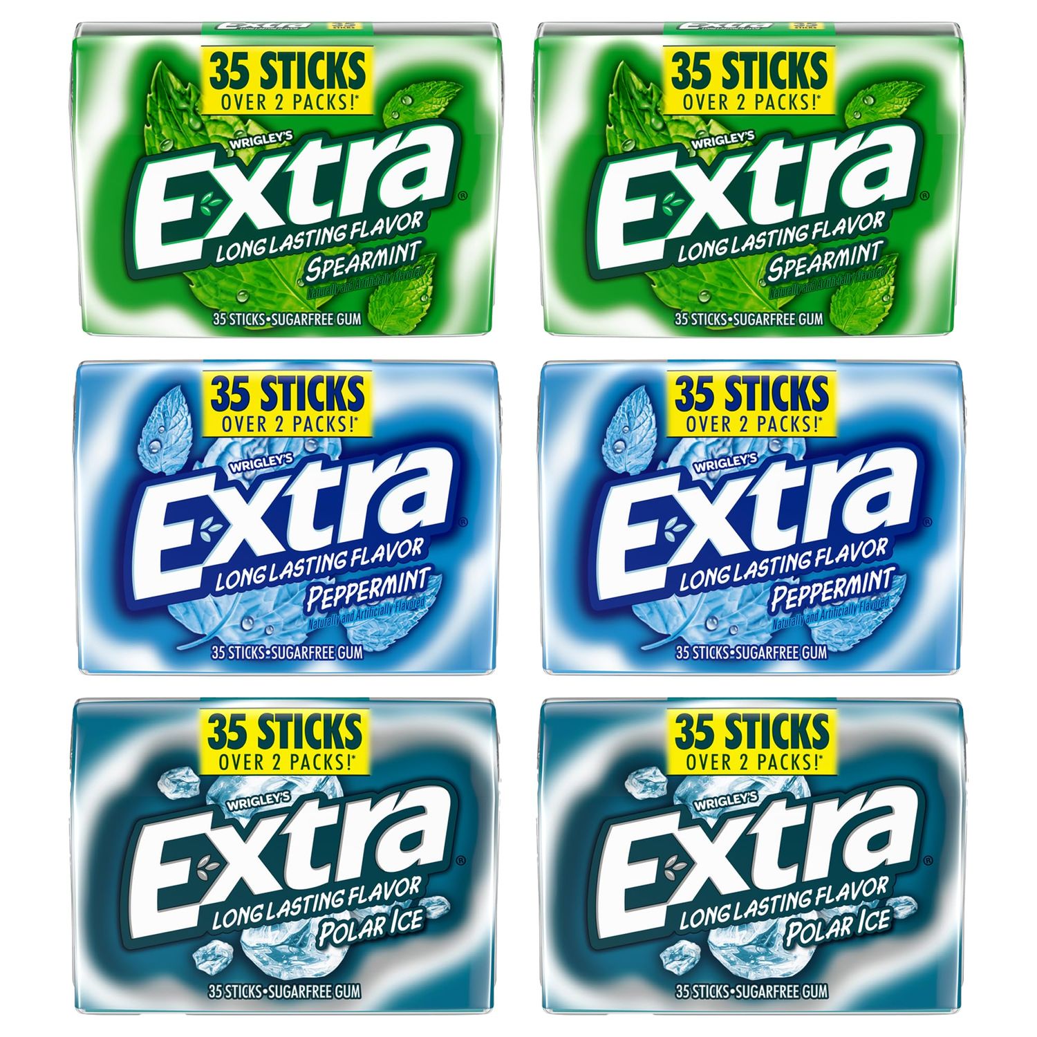 EXTRA Gum Variety Sugarfree Chewing Gum, 35-stick Packs, 2 Packs of Each Flavor, 6 Pack, Polar Ice, Peppermint, Spearmint