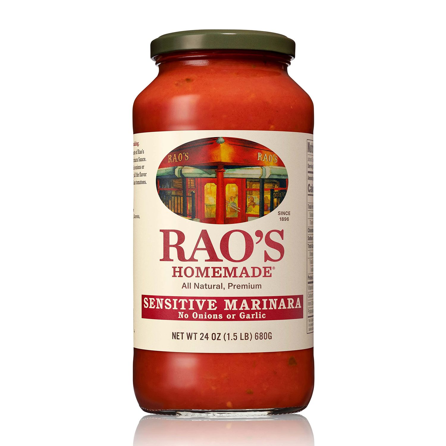 Rao's Homemade Tomato Sauce, Sensitive Formula, 24 oz, Pasta Sauce, Carb Conscious, Keto Friendly, All Natural, Premium Quality, No Onions or Garlic, With Italian Tomatoes &amp; Olive Oil