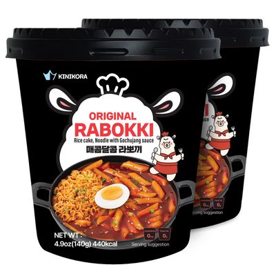KINIKORA Premium Instant Rabokki Cup - Original Flavor, 2 Cups, Korean Ramen &amp; Rice Cake(Tteokbokki)- Quick &amp; Easy Street Food