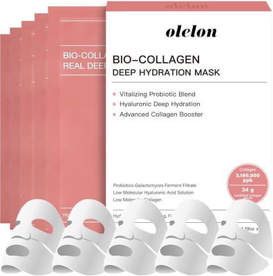 OLELON 5 Pack Bio Collagen Face Mask Skincare, 100% Hydrating Collagen Mask Overnight Korean Skin Care