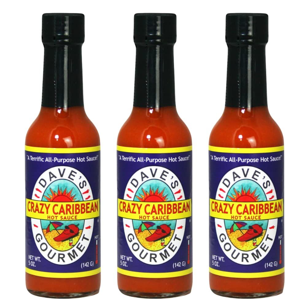 Dave&#39;s Gourmet Crazy Caribbean Hot Sauce - All Purpose Flavor Enhancer for Soups, Sauces, Dips - 3 Bottles