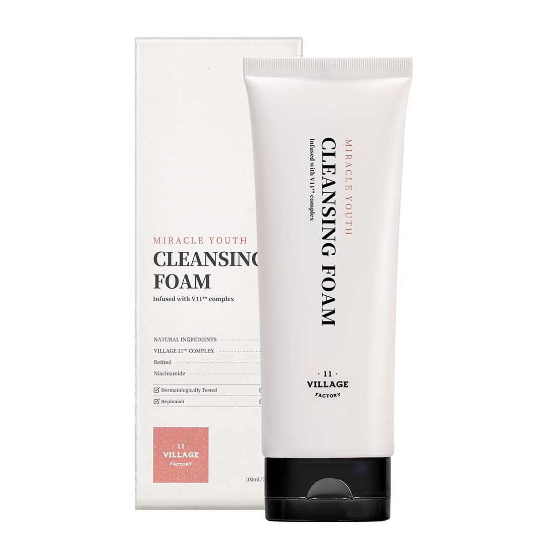 VILLAGE11FACTORY Miracle Youth Cleansing Foam Korean Face Wash Retinol Niacinamide Creamy and Mild Vegan Formula(3.38 fl oz/100ml)