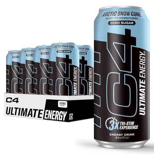 C4 Ultimate Sugar Free Energy Drink 16oz (Pack of 12) Arctic Snow Cone Pre Workout Performance Drink with No Artificial Colors or Dyes